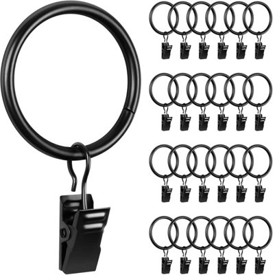 30MM Metal Black Colour Curtain Pole Rod Rings with Clips Hanging Pack ...