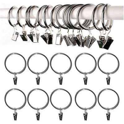 30MM Metal Silver Colour Curtain Pole Rod Rings with Clips Hanging Pack ...