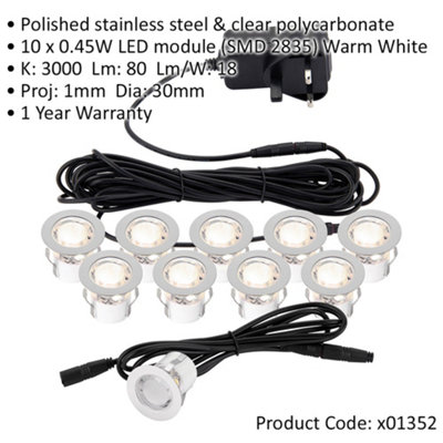 30mm Recessed Decking Guide Light Kit - 10 x Warm White LED - Stainless ...