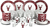 30pc Highland Stag Christmas Dinnerware Set - Red, Grey & White Dinner & Side Plate, Deep Bowl, Pasta Bowl & Mug Set