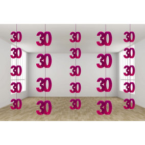 30th Glitz Pink Anniversary Birthday Metallic Hanging String Shiny Foil Wall Decorations Pack of 6