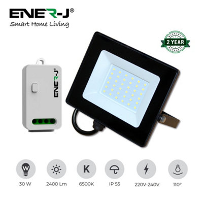 30W LED Floodlight Pre Wired with 500W RF Receiver + 1 Gang Wireless Kinetic Switch (White Body)