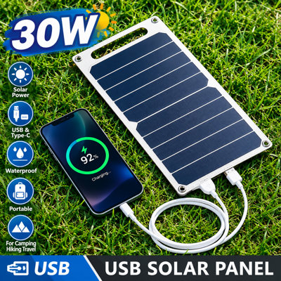 30W Portable Solar Panel USB Type C Waterproof Camping Hiking Phone ...