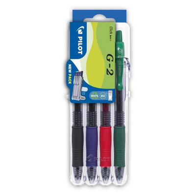 Pilot G-2 Rollerball Pen Set4 Pack (BlackBlueRedGreen) 0.7mm Medium TipBoldSmooth Writing from B&Q