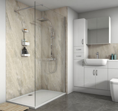 A white bathroom with a Splashwall gloss shower panel in Gloss Byzantine Laminate.