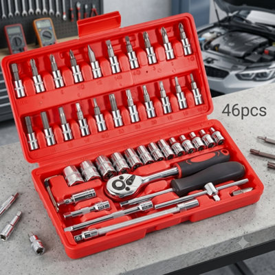  - 46Pcs 1/4 Drive Socket Ratchet Wrench Set Metric Socket & Bit Kit With Storage Case