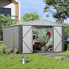 317.6cm W Grey Outdoor Garden Galvanized Steel Storage Shed Tool Shed with Sloped Roof Design, 10x12 ft