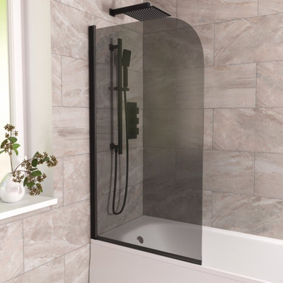Nes Home Denver 800mm Curved Bath Screen Matt Black Profile Grey Tinted Glass Reversible from B&Q
