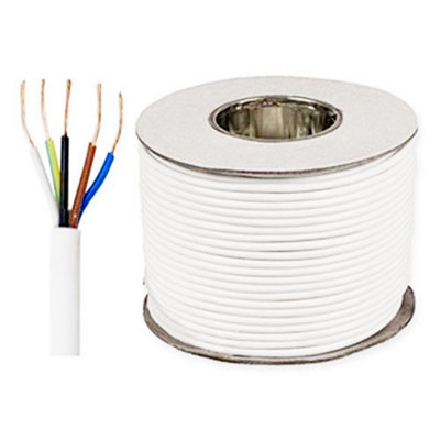 3185Y 1.0mm White 5 Core Round Flexible PVC Cable, 10 Amps, 100m