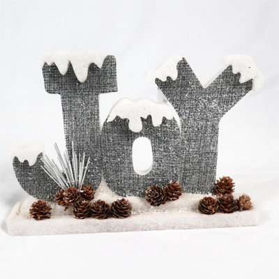 31Cm Christmas Joy Letter Sign Glitter Foam Snow Covered Finish Table Decoration Centerpiece Holiday, Grey, 33 x 5 x 21cm
