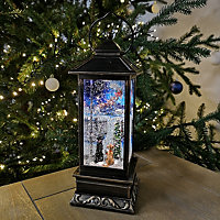 31cm Snowtime Dual Power LED Christmas Glitter Water Spinner Rustic Lantern Macneil 'Cats & Dogs Watching Santa' Scene
