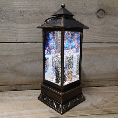 31cm Snowtime Dual Power LED Christmas Glitter Water Spinner Rustic Lantern Macneil 'Cats & Dogs Watching Santa' Scene