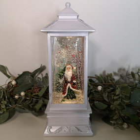 31cm Snowtime Dual Power LED Christmas Glitter Water Spinner White Lantern Santa Scene