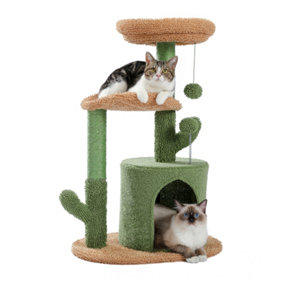 32 Inches Cactus Cat  Tree Tower with Sisal Covered Scratching Post, Cozy Condo, Plush Perches and Fluffy Balls