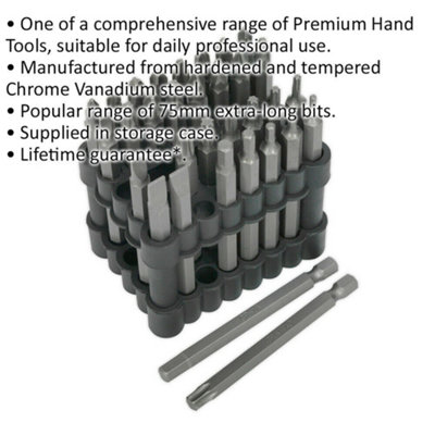32 Piece Power Tool Bit Set - 75mm Extra-Long Bits - Chrome Vanadium Steel