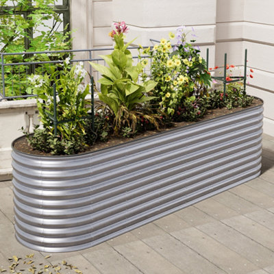 320cm W x 80cm D Silver Raised Garden Bed Kit Oval Shaped Galvanized Metal Planter Box for Gardening