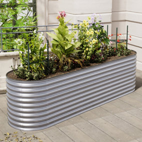 320cm W x 80cm D Silver Raised Garden Bed Oval Shaped Galvanized Metal Planter Box for Gardening