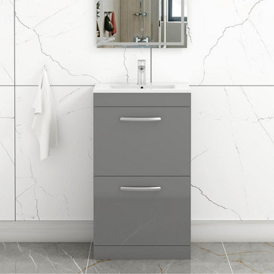 B&Q -  Turin Indigo Grey Gloss 500mm Floor Standing Vanity Unit 2 Drawer With Minimalist Basin Sink