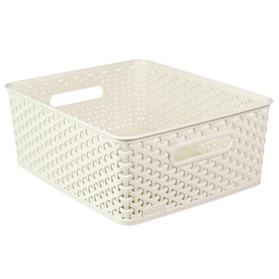 B&Q -  My Style Rattan Effect White Rattan Effect Plastic Medium Stackable Storage Basket (H)13Cm (W)30Cm (D)35.4Cm