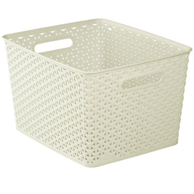B&Q -  My Style Rattan Effect White Rattan Effect Plastic Large Stackable Storage Basket (H)22Cm (W)30Cm (D)22Cm