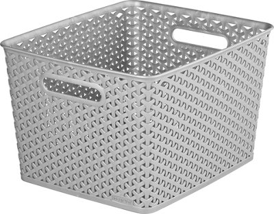 B&Q -  My Style Modern Matt Grey Rattan Effect Plastic Stackable Storage Basket (H)22Cm (W)36Cm (D)30Cm
