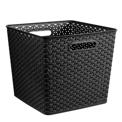 B&Q -  My Style Matt Dark Grey Rattan Effect Plastic Stackable Storage Basket (H)28Cm (W)33Cm (D)33Cm