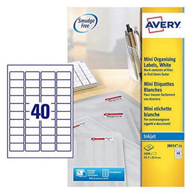 Avery QuickdryPrintableMini Address LabelsCustomisable45.7 X 25.4 mmWhite40 Labels Per Sheet1000 Blank Labels Per from B&Q