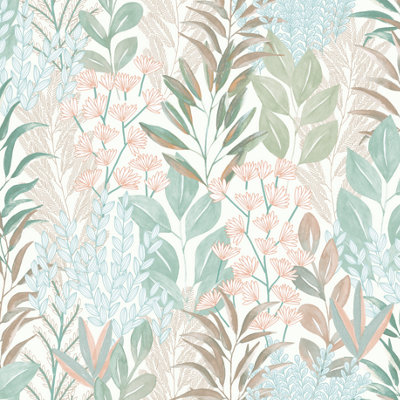Muriva Ugepa Verdure Green Coral White Leaf Wallpaper M86901 from B&Q