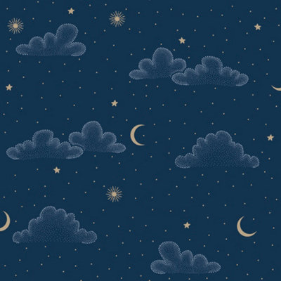 B&Q -  Dreamy Clouds & Moon Night Sky Wallpaper Dark BlueN07311