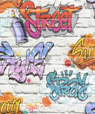 Muriva Graffiti Brick Pattern Multicoloured Wallpaper L17905 from B&Q