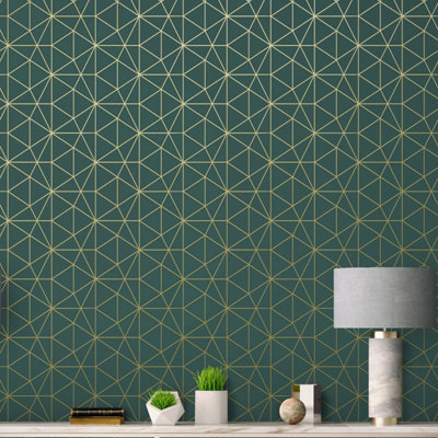 World Of Wallpaper Metro Prism Geometric Wallpaper Emerald Green/gold (A361.an-Bur) from B&Q