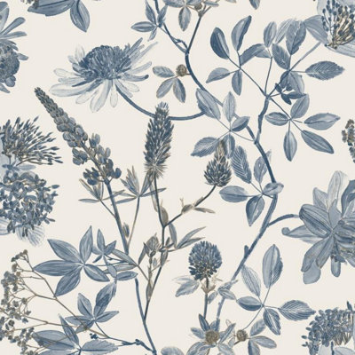 Muriva Ugepa Floral Leaf Naturistic Navy Wallpaper Metallic Gold Effect Paste The Wall from B&Q