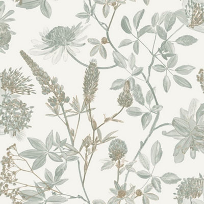 Muriva Ugepa Floral Leaf Naturistic Sage Green Wallpaper Metallic Gold Paste The Wall from B&Q