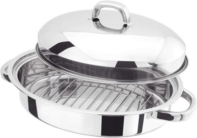 32Cm Stainless Steel Roasting Tray Pan Set Lid Oval Kitchen Cooking New