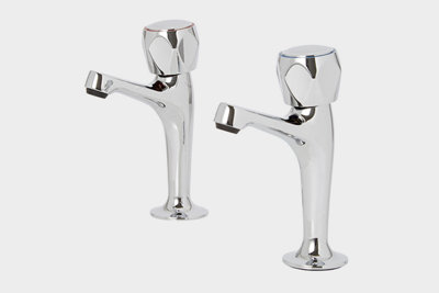 Two Linville chrome effect kitchen taps on a white background.