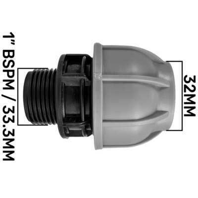32mm MDPE compression water pipe fitting- full flow metal lever valve- universal hose connector - 3