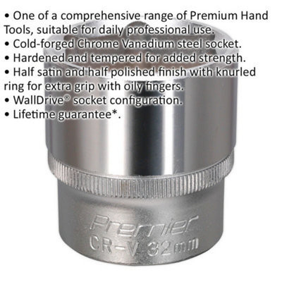 32mm Steel Drive Socket - 1/2" Square Drive - Chrome Vanadium Wrench Socket