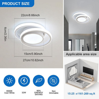 32W LED Ceiling Light 27 cm Flush-Mount Cold White Fixture White