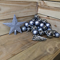 33 Assorted Shatterproof Christmas Baubles With Star Tree Topper - Blue Stone