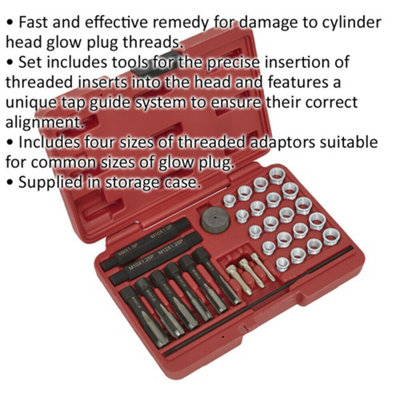 33 Piece Glow Plug Thread Repair Set - 4 Sizes of Threaded Adaptors - 6 Taps