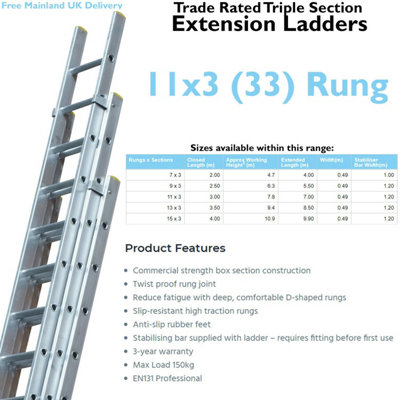 33 Rung Aluminium TRIPLE Section Extension Ladders & Stabiliser Feet 3m 7m