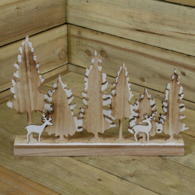 33 x 45cm Christmas Wooden Tree And Reindeer Ornament LED With Snowing ...