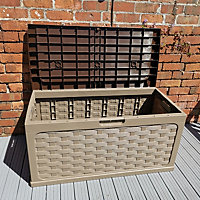 335 Litre Rattan Style Garden Cushion Storage Box with Sit on Lid in Dark Brown