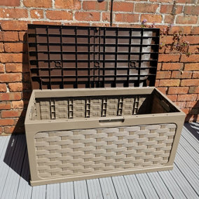 335 Litre Rattan Style Garden Cushion Storage Box with Sit on Lid in Dark Brown