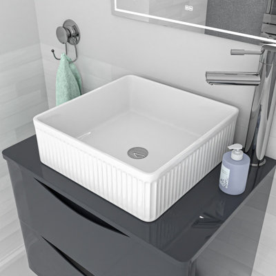 Nes Home 370mm Fluted Square Countertop Sink Gloss White from B&Q
