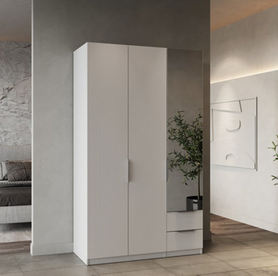 B&Q -  Furnicomp Chicago 3 Door 2 Drawer Matt White 120Cm Mirrored Triple Wardrobe