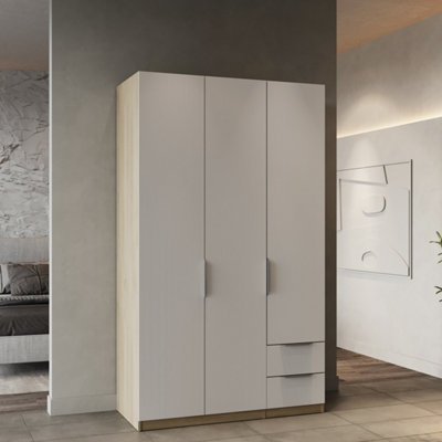B&Q -  Furnicomp Chicago 3 Door 2 Drawer Matt White & Oak Effect 120Cm Space Saving Triple Wardrobe