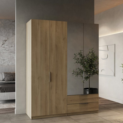 B&Q -  Furnicomp Chicago 4 Door 2 Drawer 160Cm Oak Effect Space Saving Mirrored Wardrobe