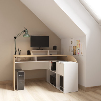 FurniComp LTD Furnicomp Archie 1 Drawer L-Shaped Corner Office Desk With HutchMatt White & Oak from B&Q