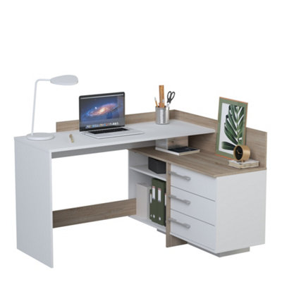FurniComp LTD Furnicomp Lexi 3 Drawer Matt White And Oak Corner Office Desk With Hutch from B&Q